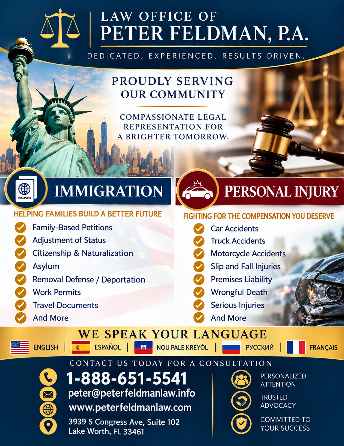 Law Office of Peter Feldman PA — Immigration and Personal Injury Flyer